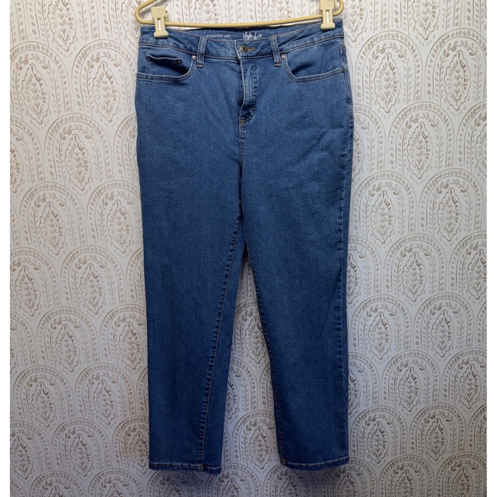 Style & Co Womens Straight Leg Jeans Blue Medium Wash Denim Petite 12P High Rise